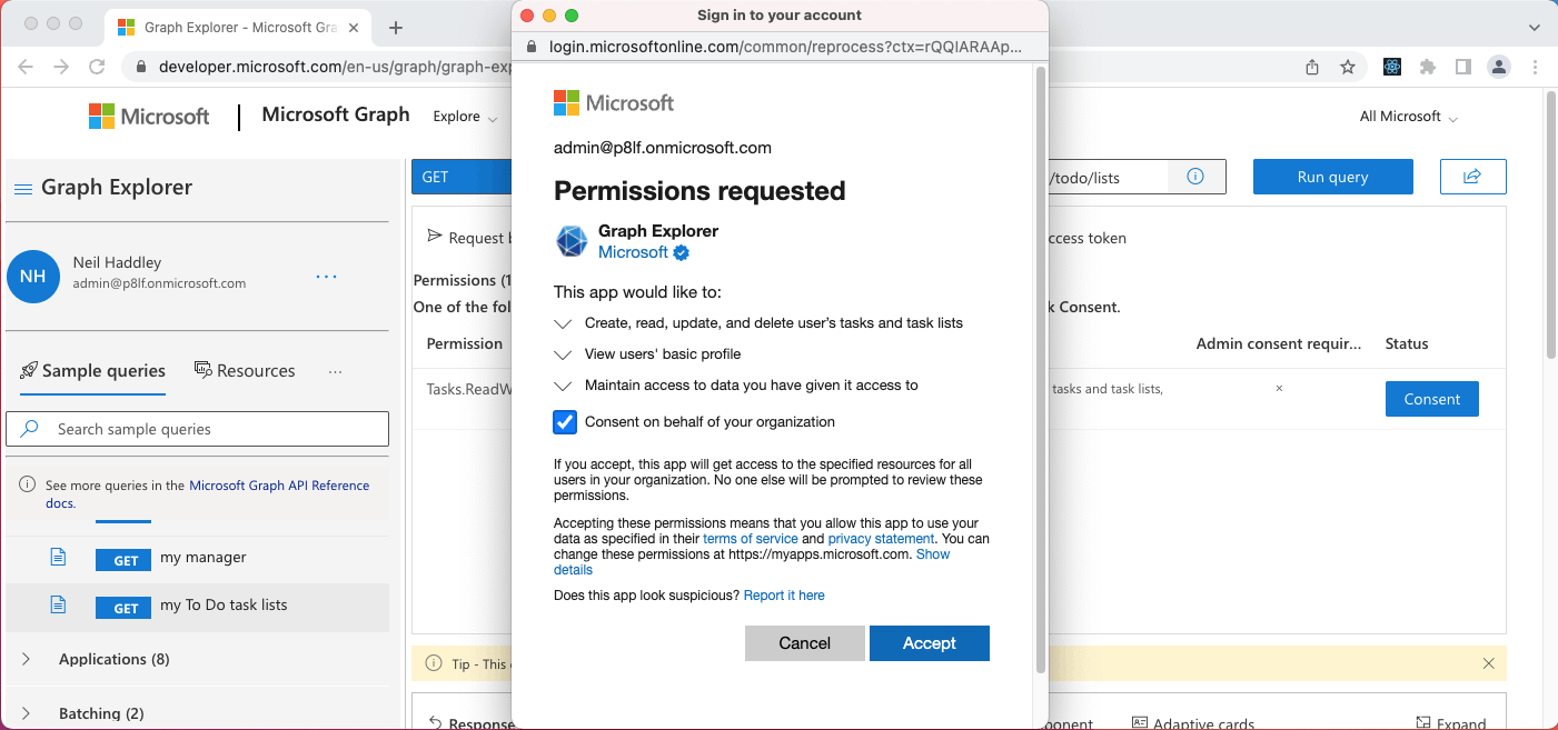 Here the administrator grants this application (Graph Explorer) permission to access the user's (One drive and SharePoint online) files