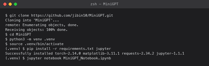 I cloned the repository and installed the three dependencies plus Jupyter into a fresh virtual environment