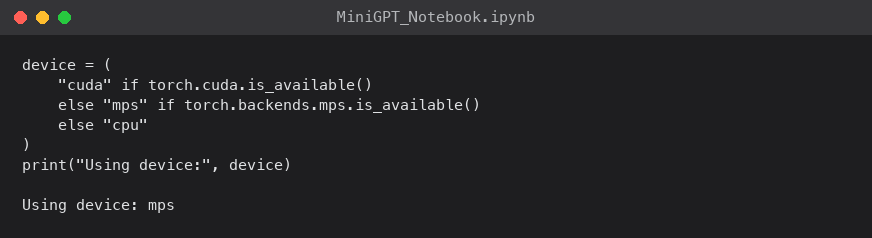 The notebook reported `mps` as the selected device, confirming it would use the Mac Studio's GPU rather than the CPU