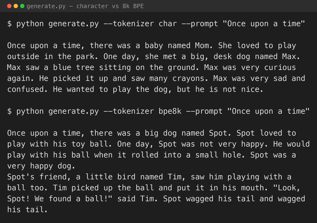 The same prompt continued by the character model and by the 8k BPE model