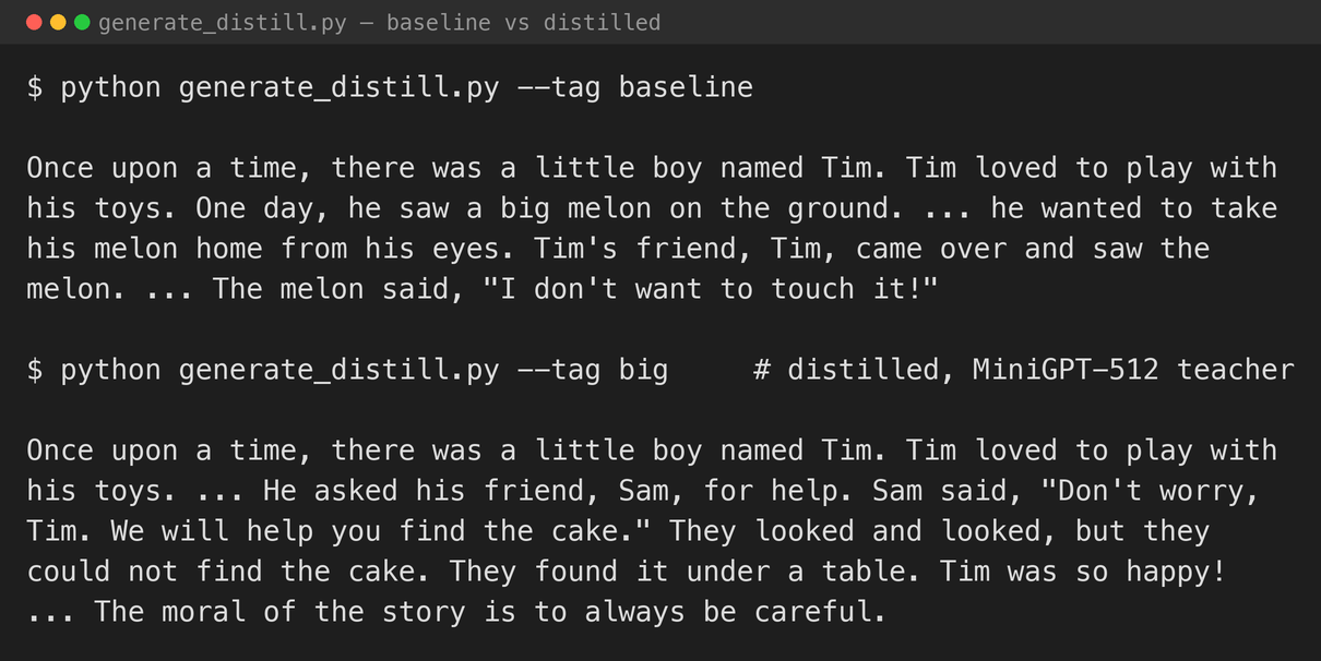 The baseline student and the `MiniGPT-512`-distilled student, same prompt