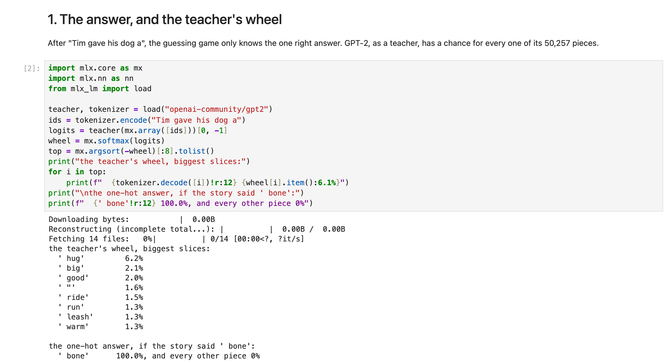 The follow-along notebook in Jupyter on my Mac, asking GPT-2 for its wheel after "Tim gave his dog a", next to the one-hot answer the guessing game uses