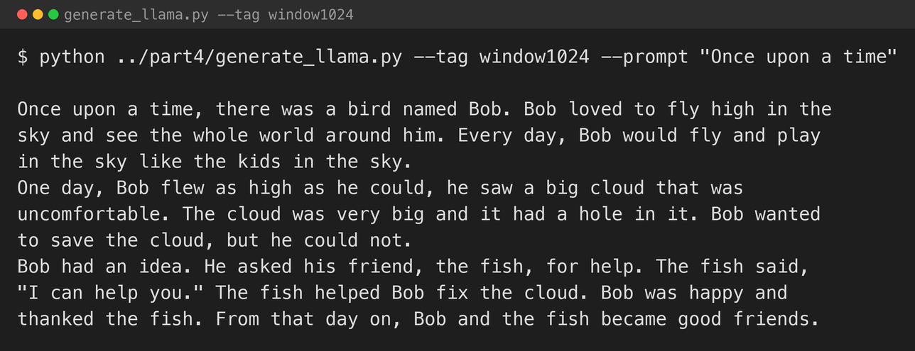 The windowed 1,024-context model continuing "Once upon a time"