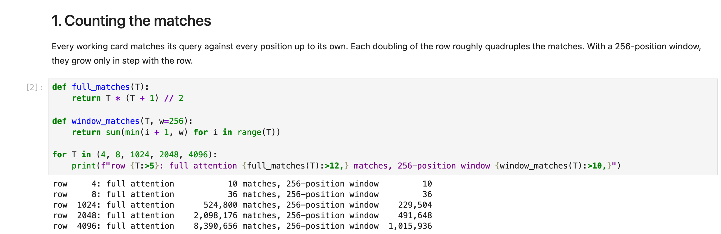 The follow-along notebook in Jupyter on my Mac, counting the matches for one head. Full attention's count quadruples with each doubling of the row; the window's only doubles