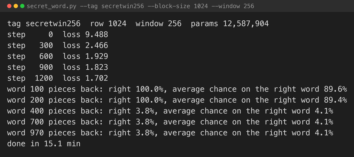 The window machine's own run: it learned the trick close up, and guessed beyond its window