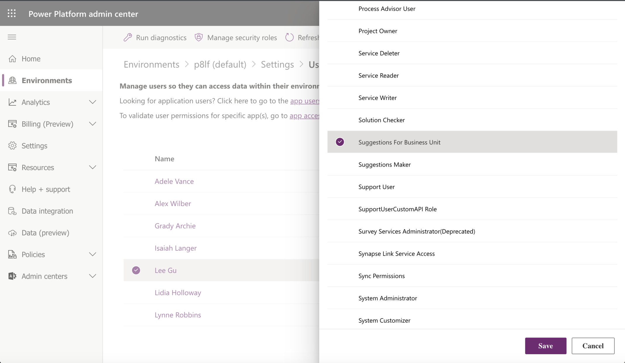 I added the Suggestions for Business Unit Security Role