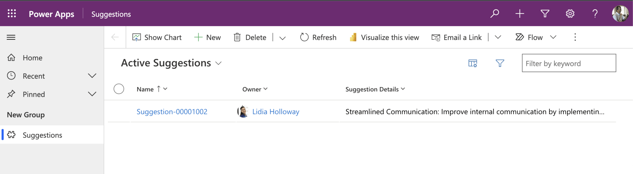 Lee can see the Suggestion made by Lindia because Lee has the Suggestions For Business Role and Lindia and Lee are both in the Manufacturing Business Unit