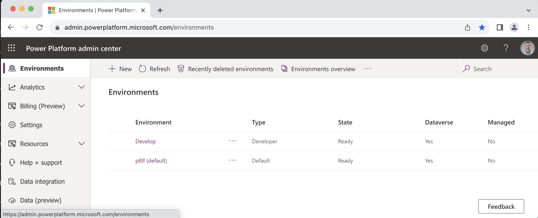 I created the Develop environment. The p8lf (default) environment was provided by Microsoft.
