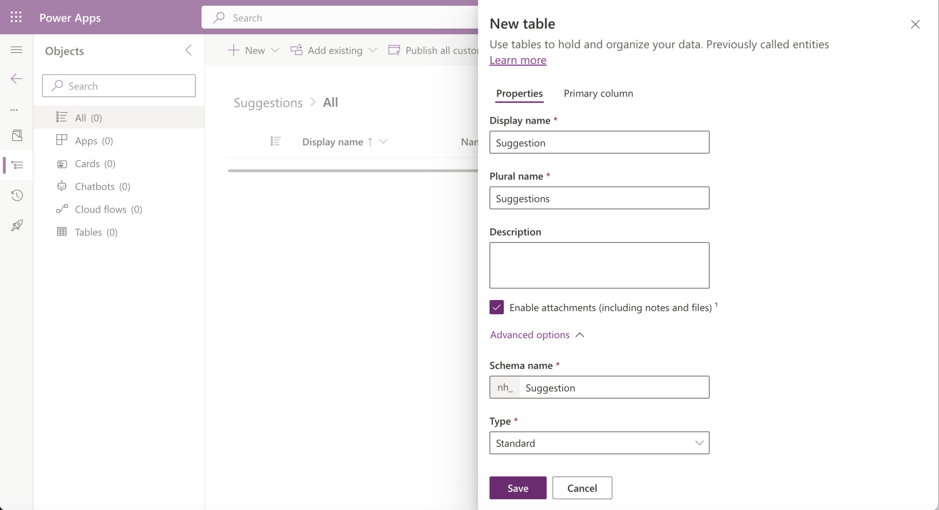 I added a Suggestion table to the Suggestions solution