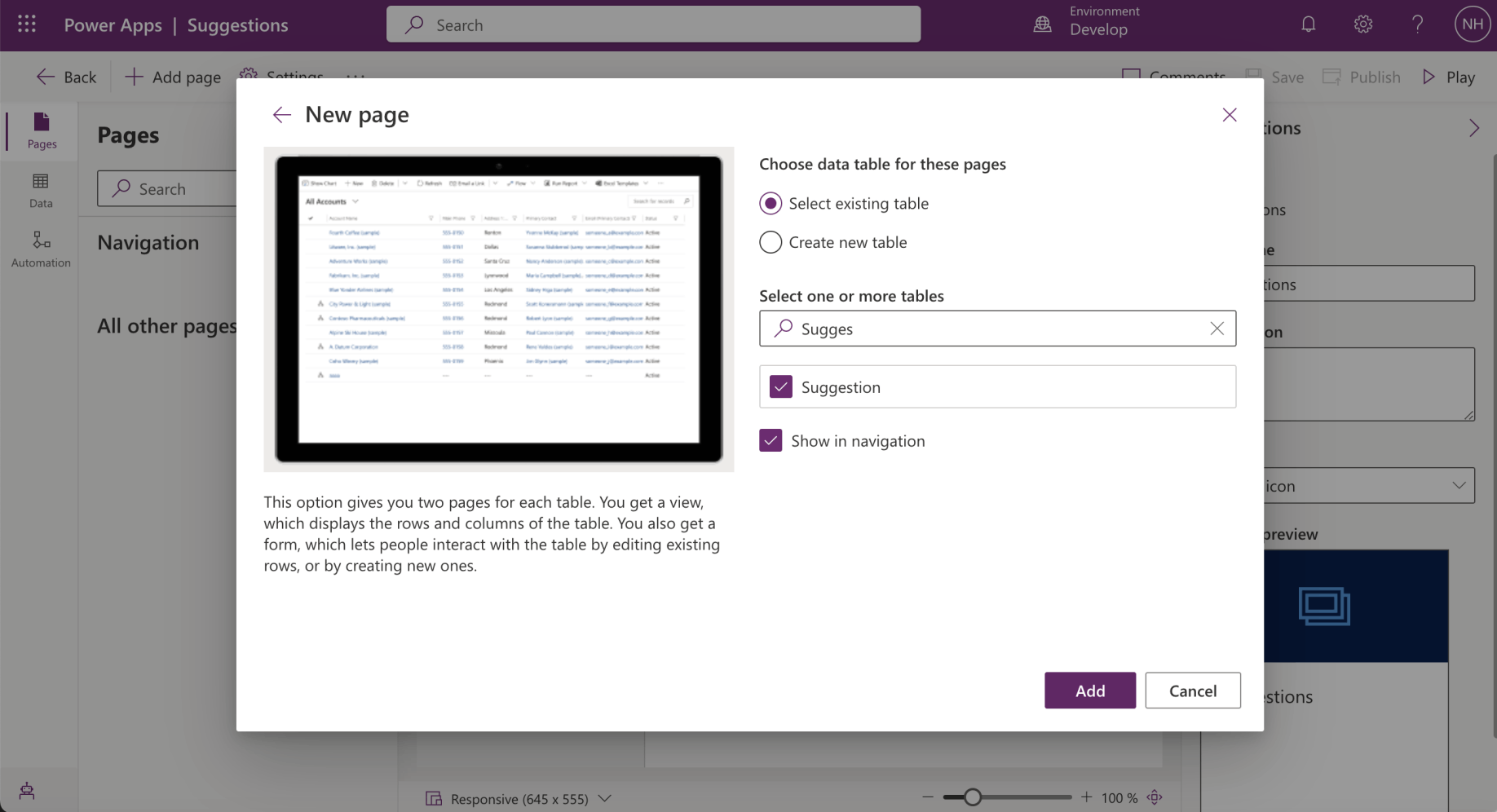 I added a page to the model driven app