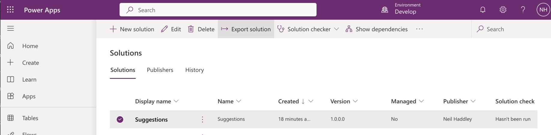 I clicked the Export solution button