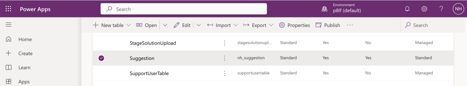 The Suggestion table was created