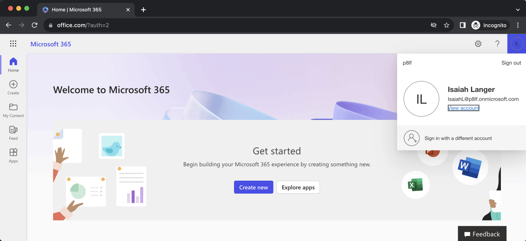Logged into office.com as IsaiahL@p8lf.onmicrosoft.com