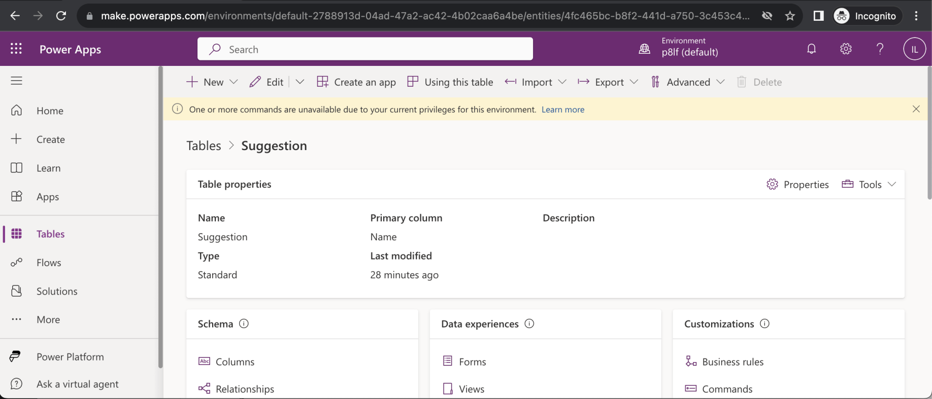 Isaiah is unable to access the Suggestions table (or to run the Suggestions app)