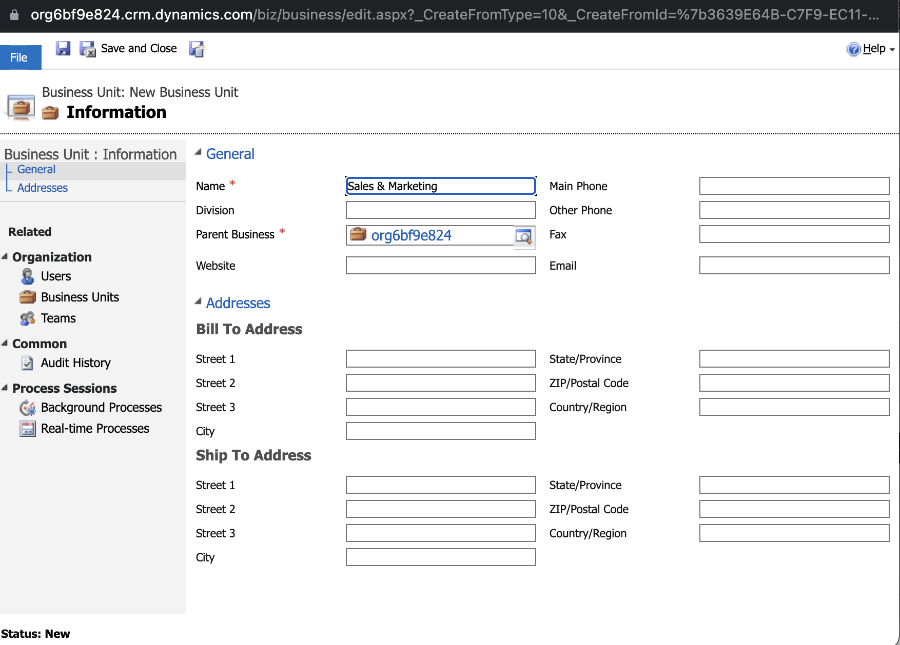 I created a Sales & Marketing business unit