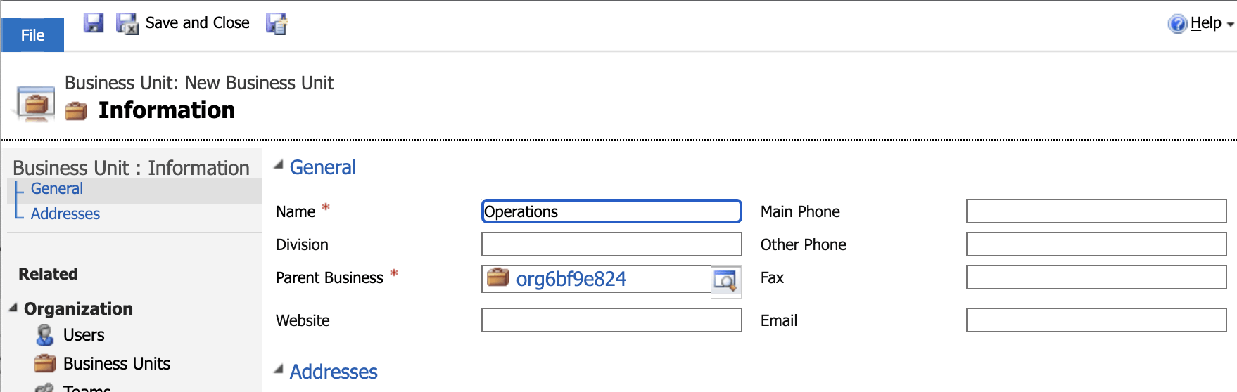 I created an Operations business unit