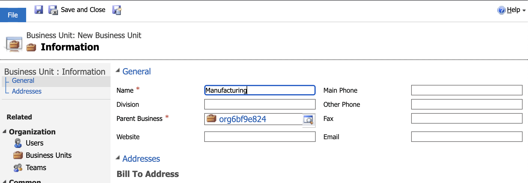 I created a Manufacturing business unit