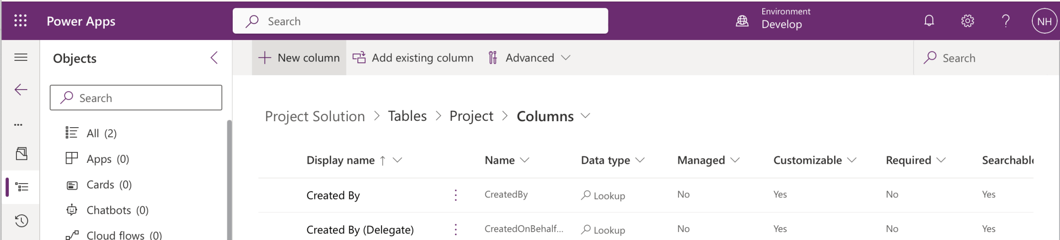 I clicked the + New column button to add a column to the Project table