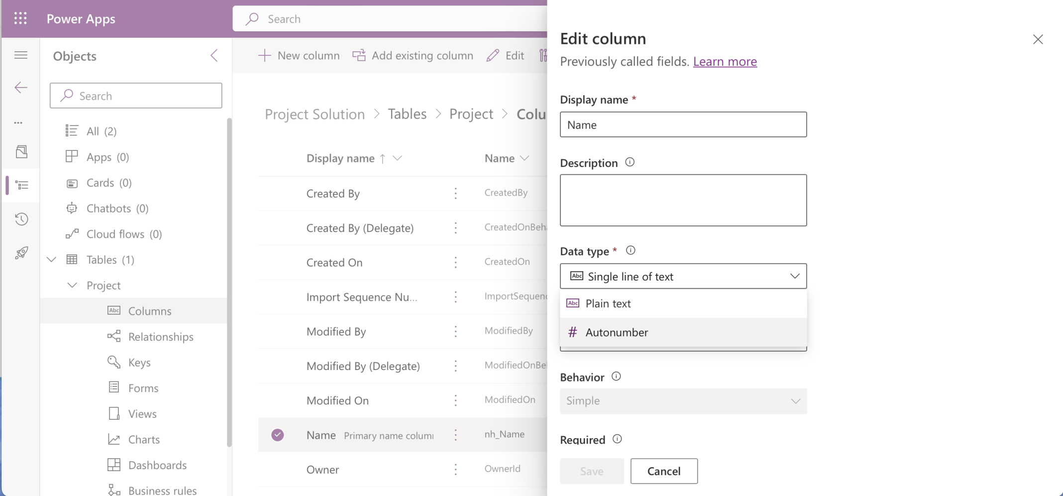 I updated the Primary name column to be an Autonumber column