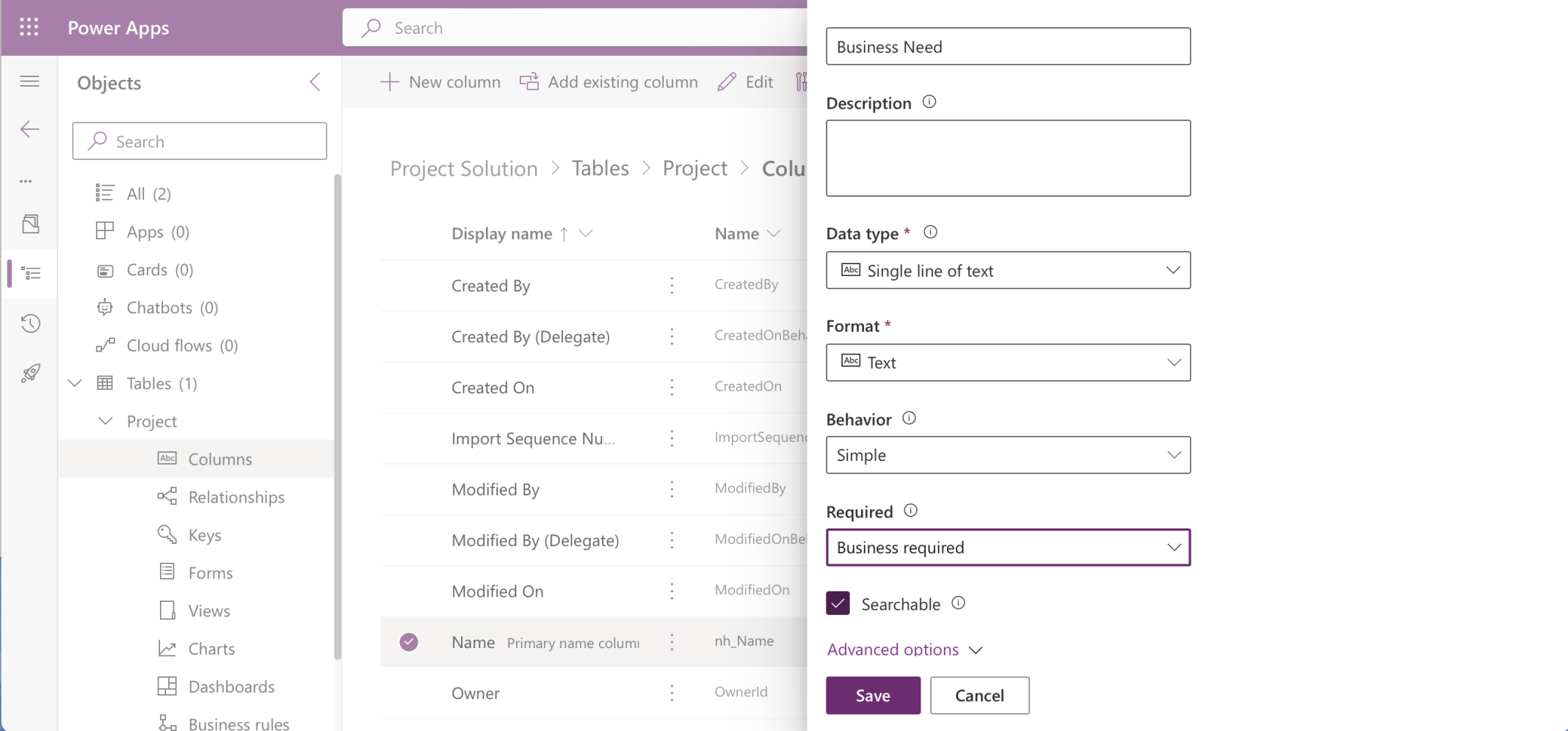 I added a Business Need column (required)