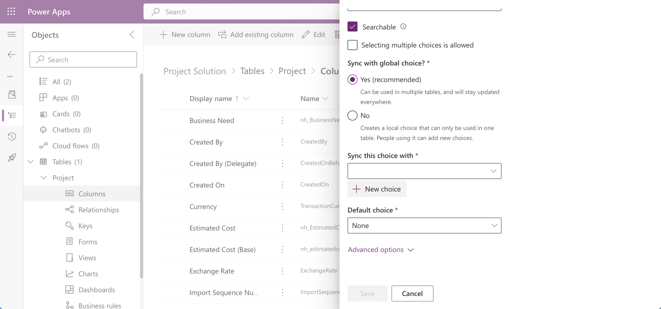 I clicked the + New Choice button to create a global choice (set)