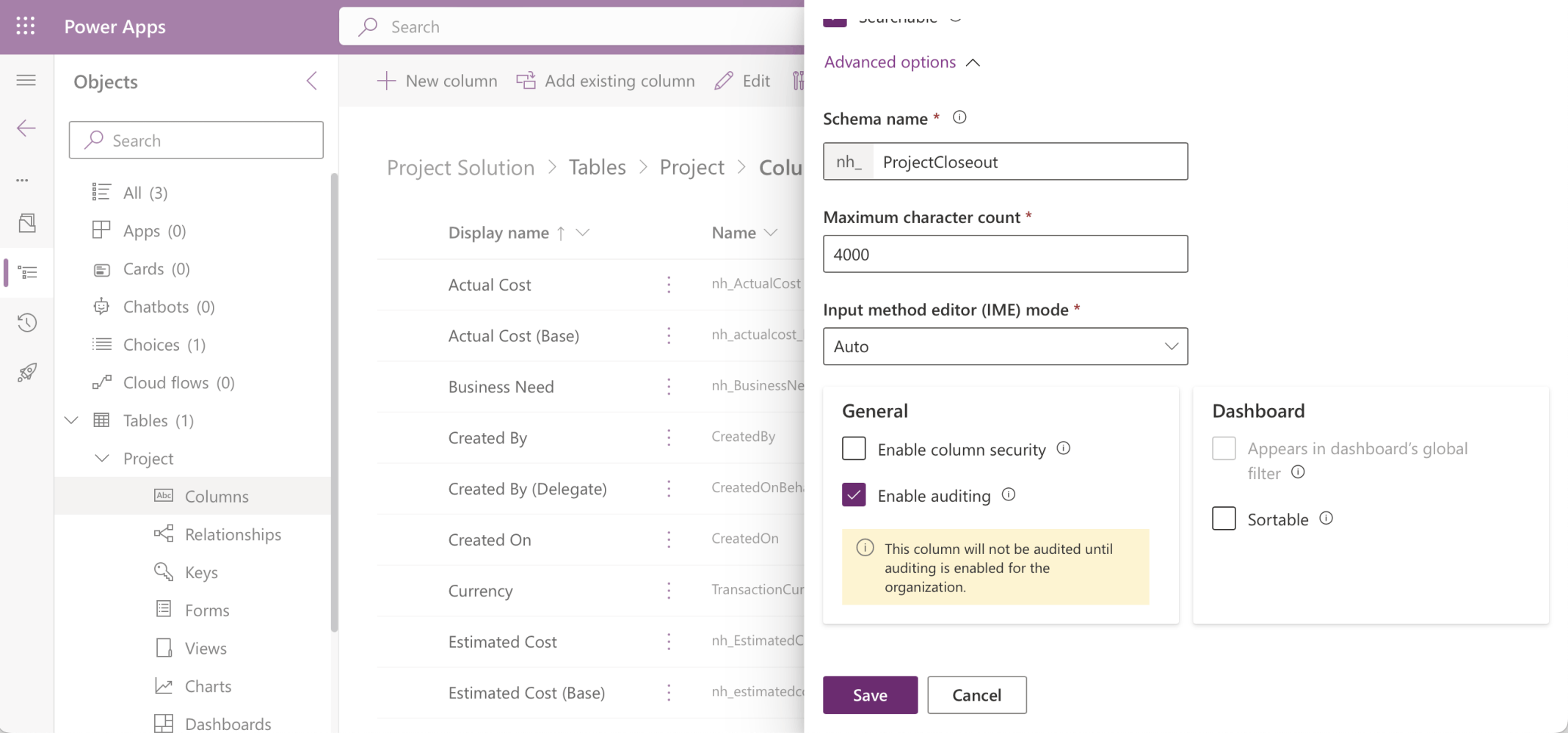 I set the Project Closeout column's Maximum character count to 4000
