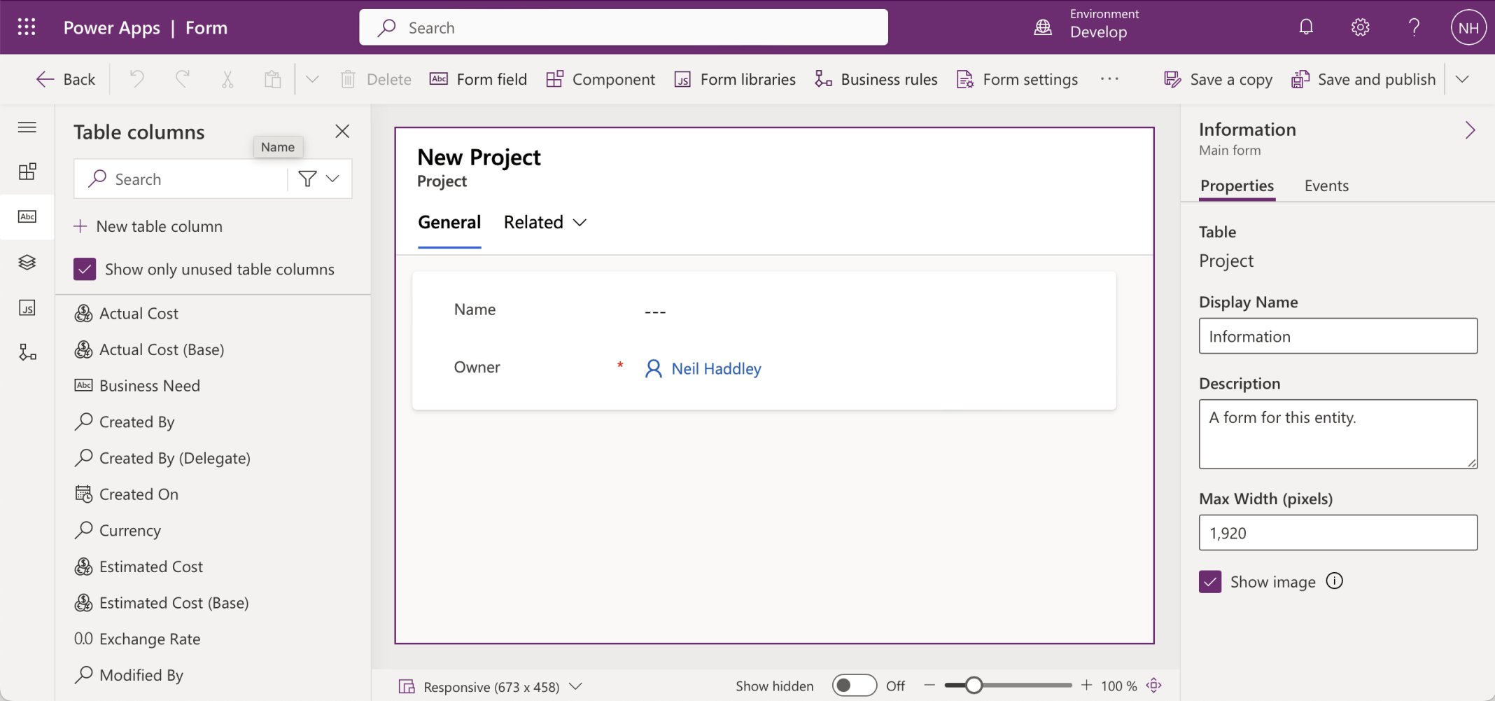 I moved the Name and Owner columns to the Form Header