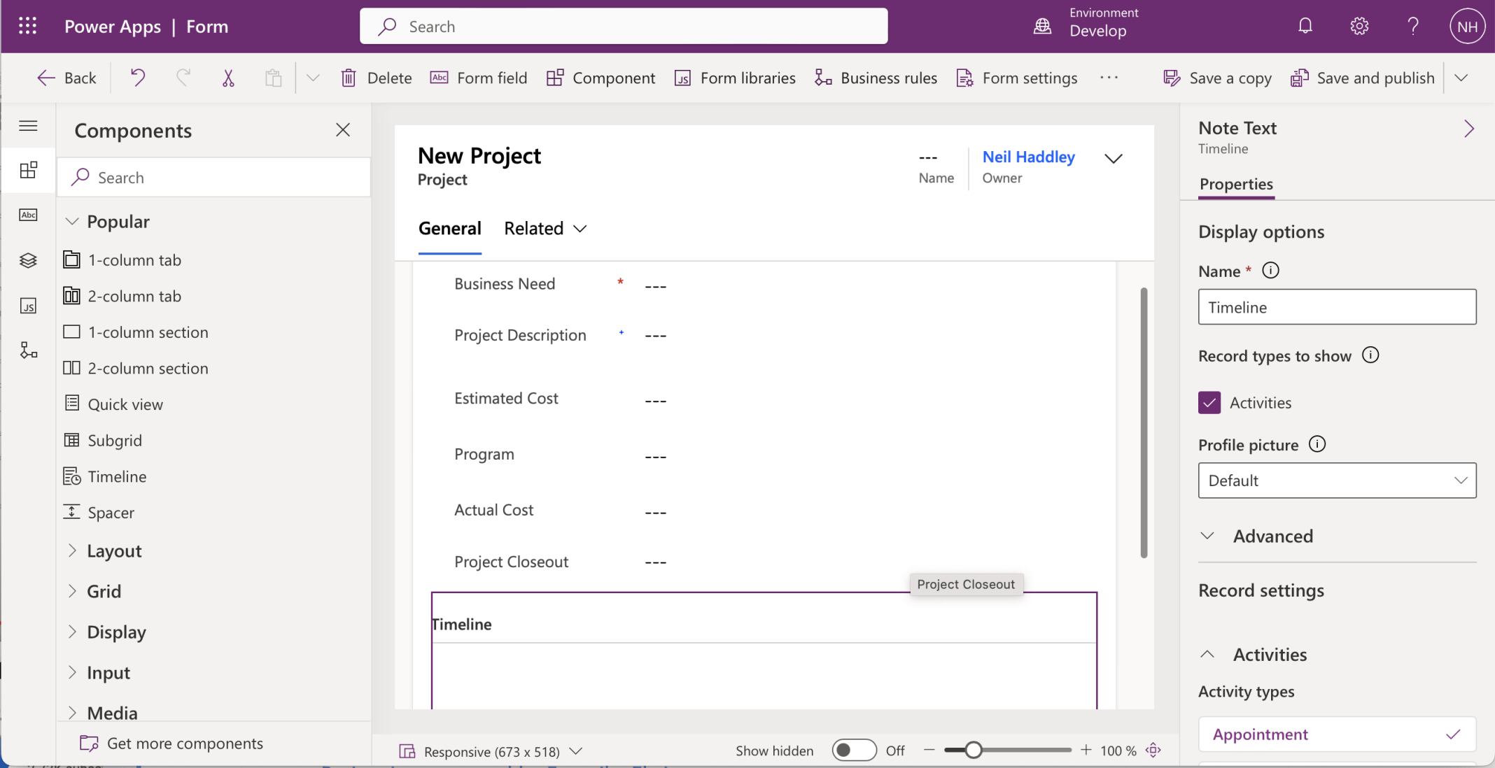 I added a Timeline control to display activity information (Meetings, Phone calls, etc. related to each Project)