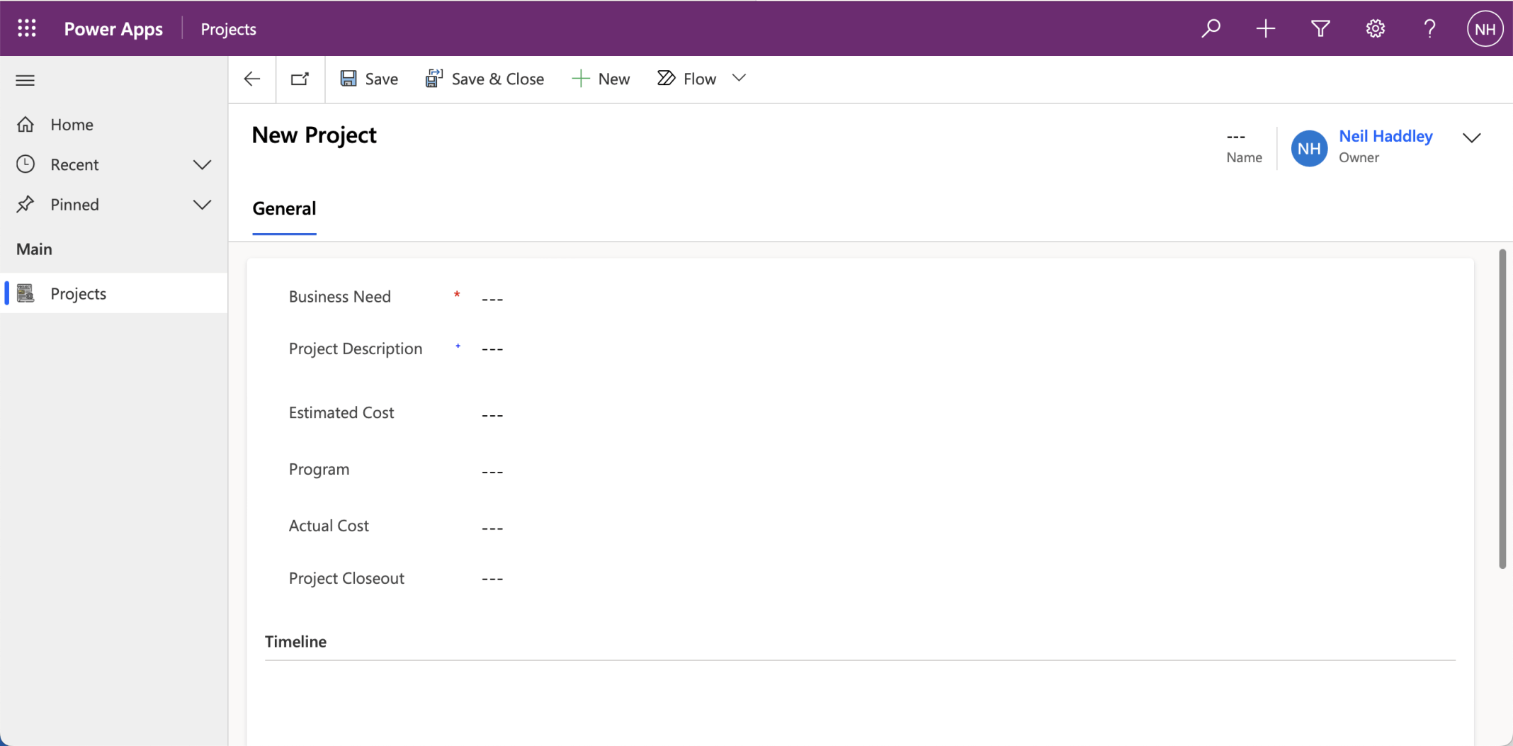 I clicked the + New button to navigate to the form