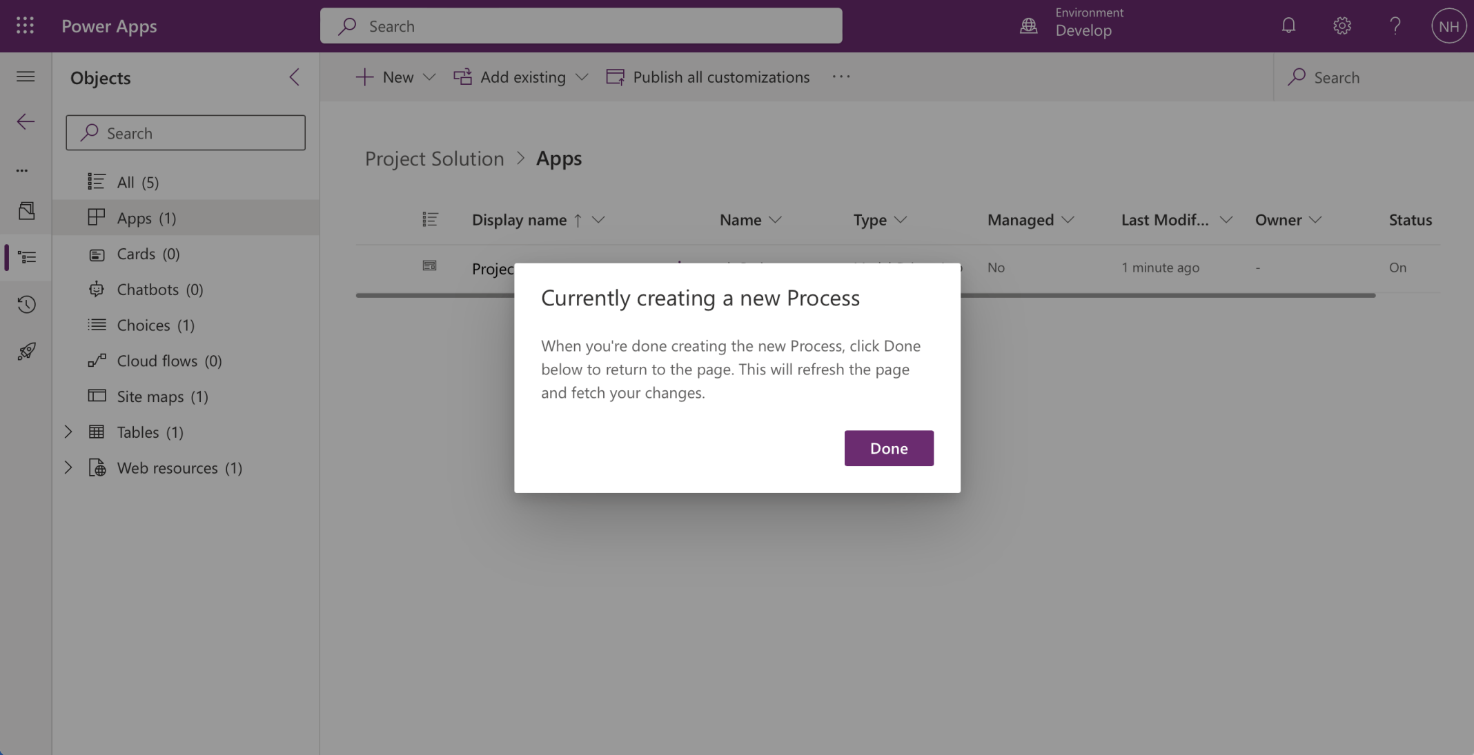 A dialog was opened in the solution page