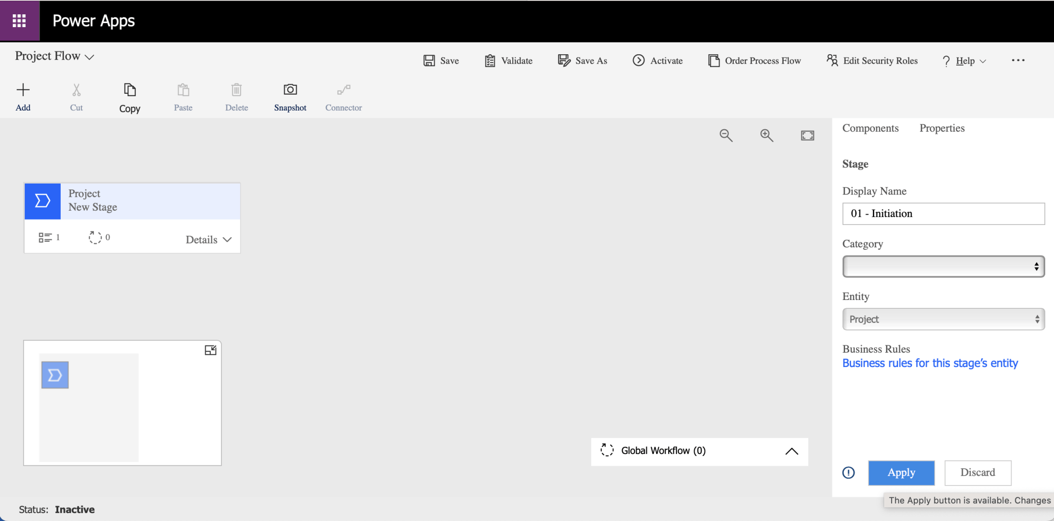 The Business Process Flow editor was opened in another browser tab.I renamed the first step 01 - Initiation and clicked the Apply button.