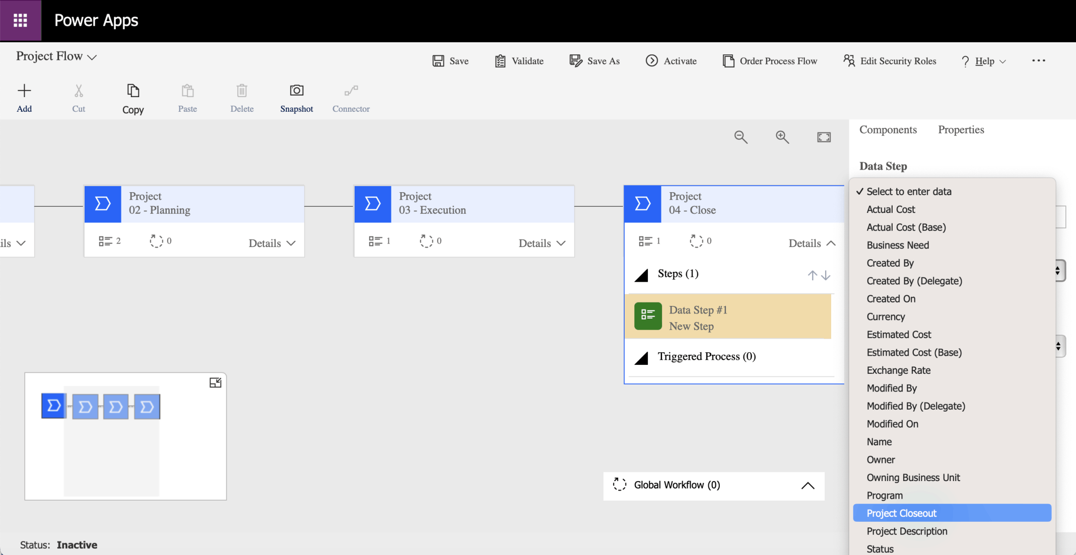 I updated the existing Data Step to use the Project Closeout Data Field (Column)