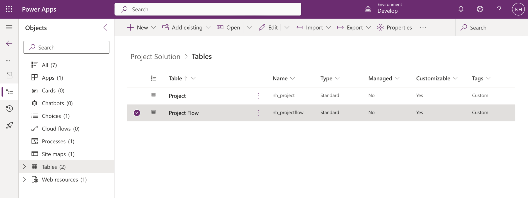 The + Add required objects menu item added the Project Flow table (used by the Business Process Flow to keep track)