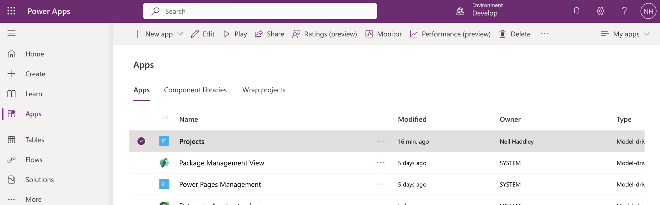 Clicked the Projects app to launch it
