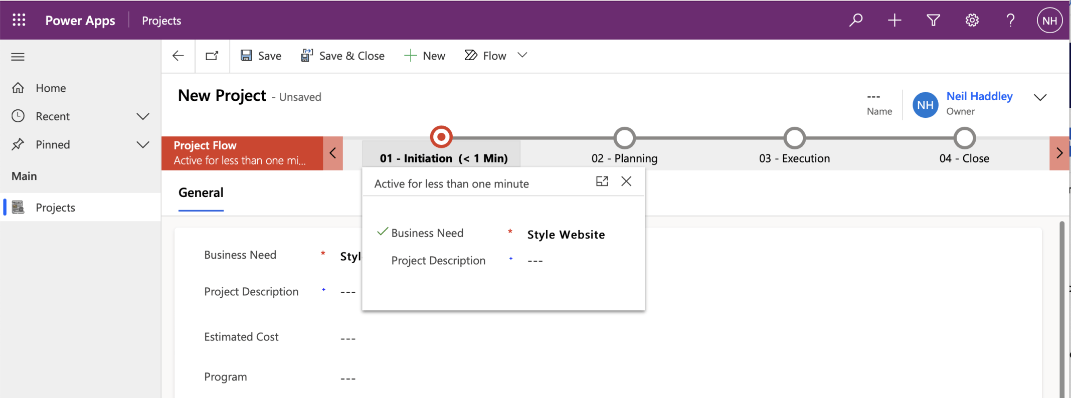 I entered a Business Need value and clicked on the Business Process Flow again (notice the check mark)