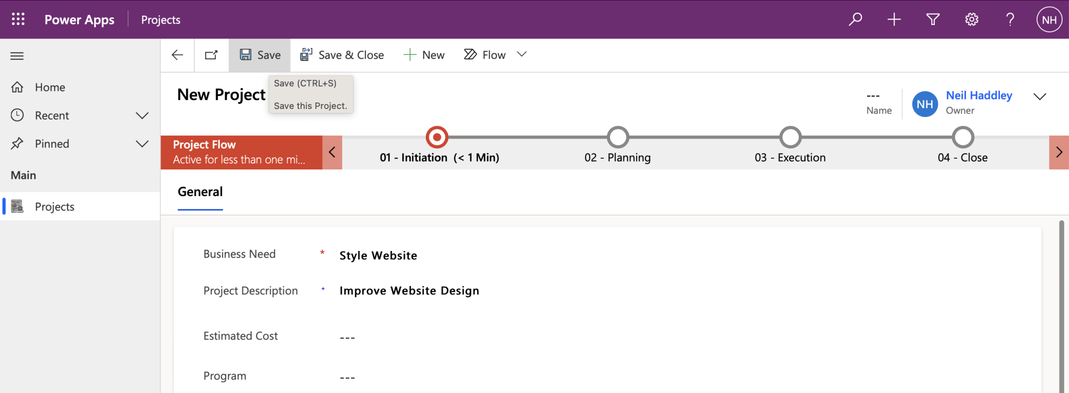 I entered a Project Description value and clicked Save to save the row (record)