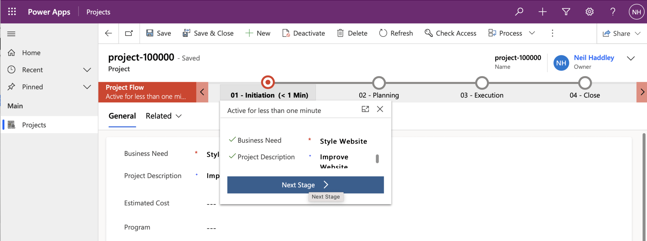 Once the record has been saved the Primary name is available and the Next Stage button is shown in the Business Process Process