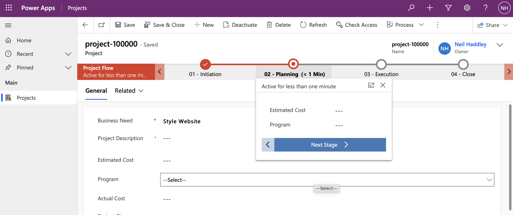 I removed the Project Description value and clicked the Next Stage button.