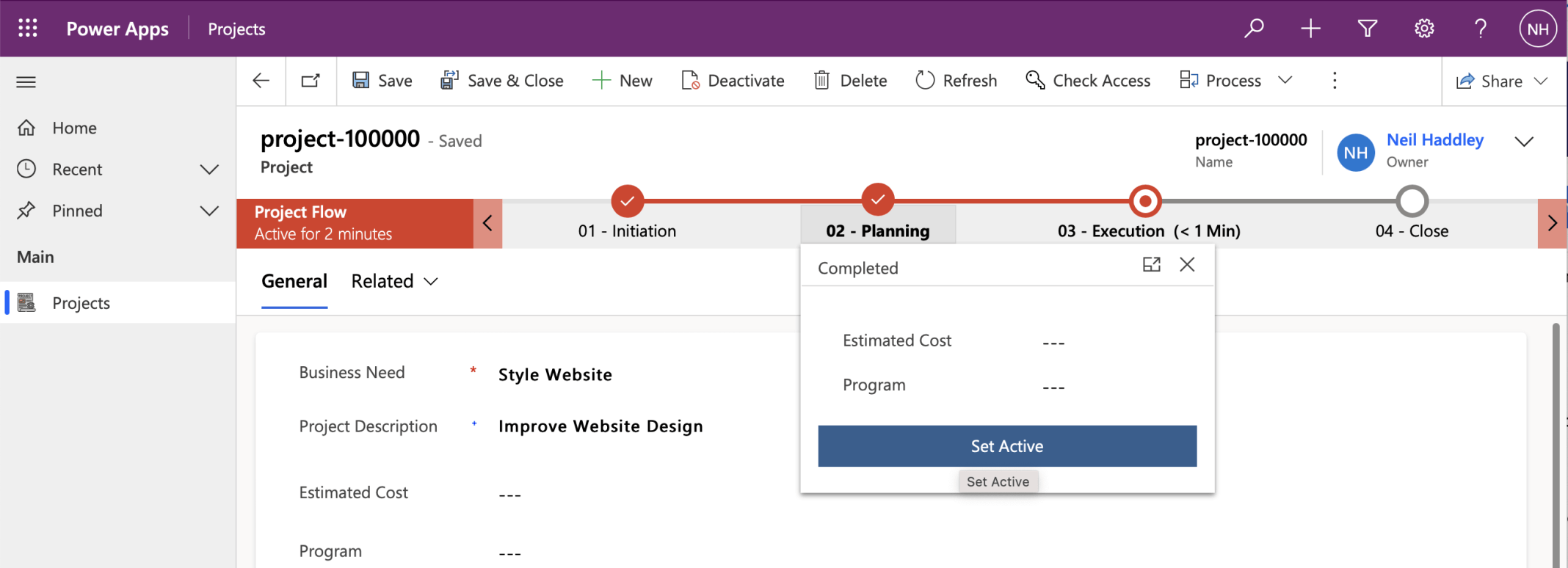 Then I clicked on the 02 - Planning Step and clicked the Set Active button to return the process to the 02 - Planning Step