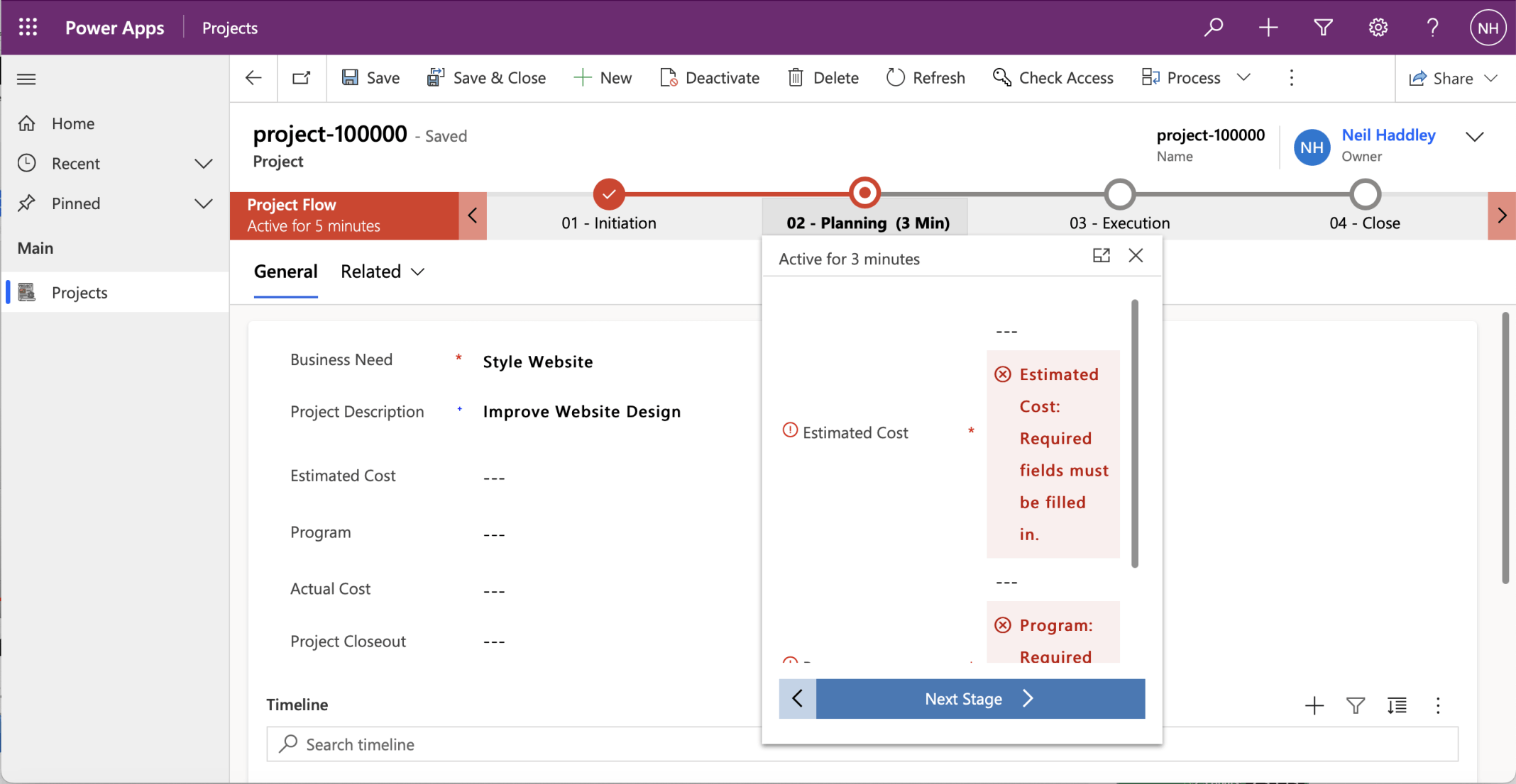 I returned to the project-100000 record and clicked the Next Stage button
