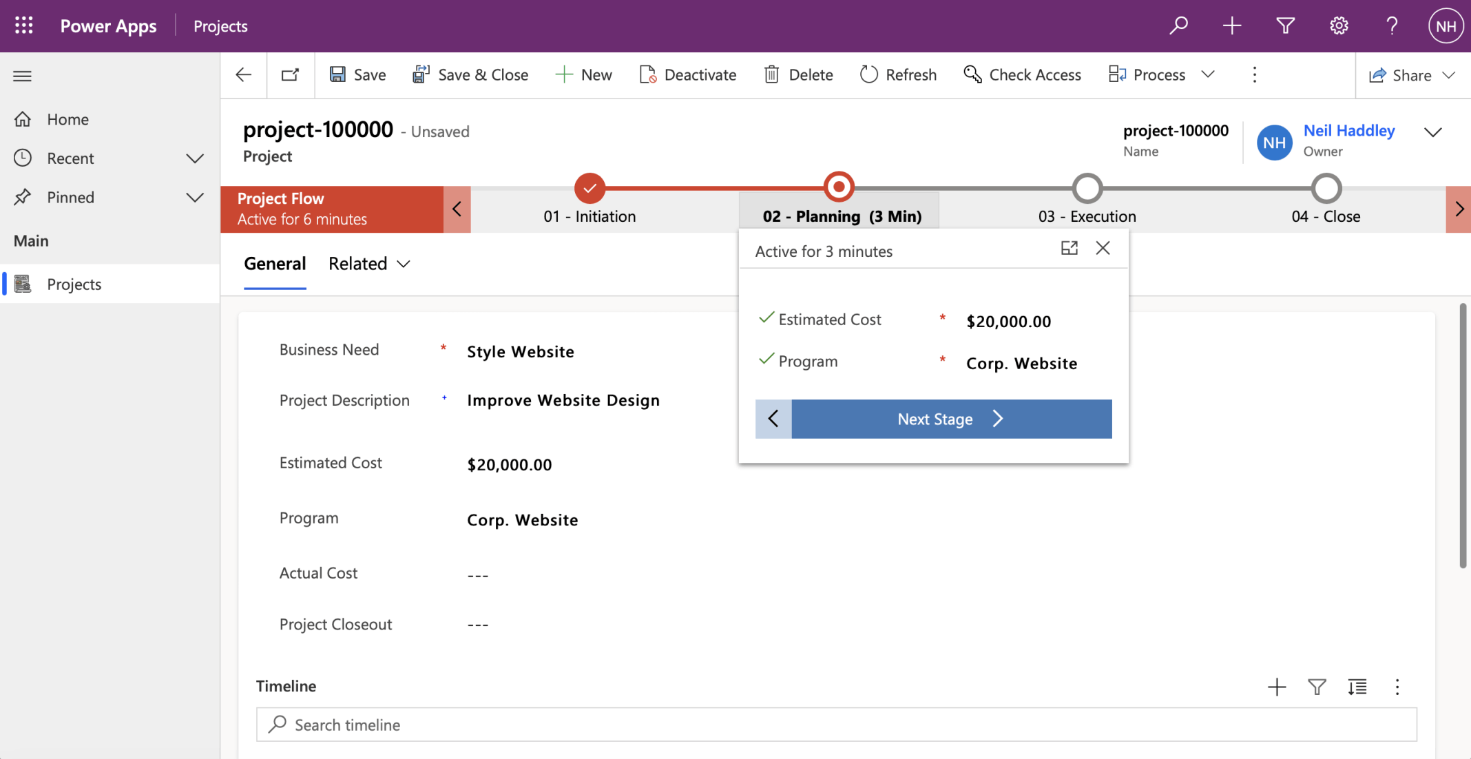 I provided Estimated Cost and Program values and clicked the Next Stage button