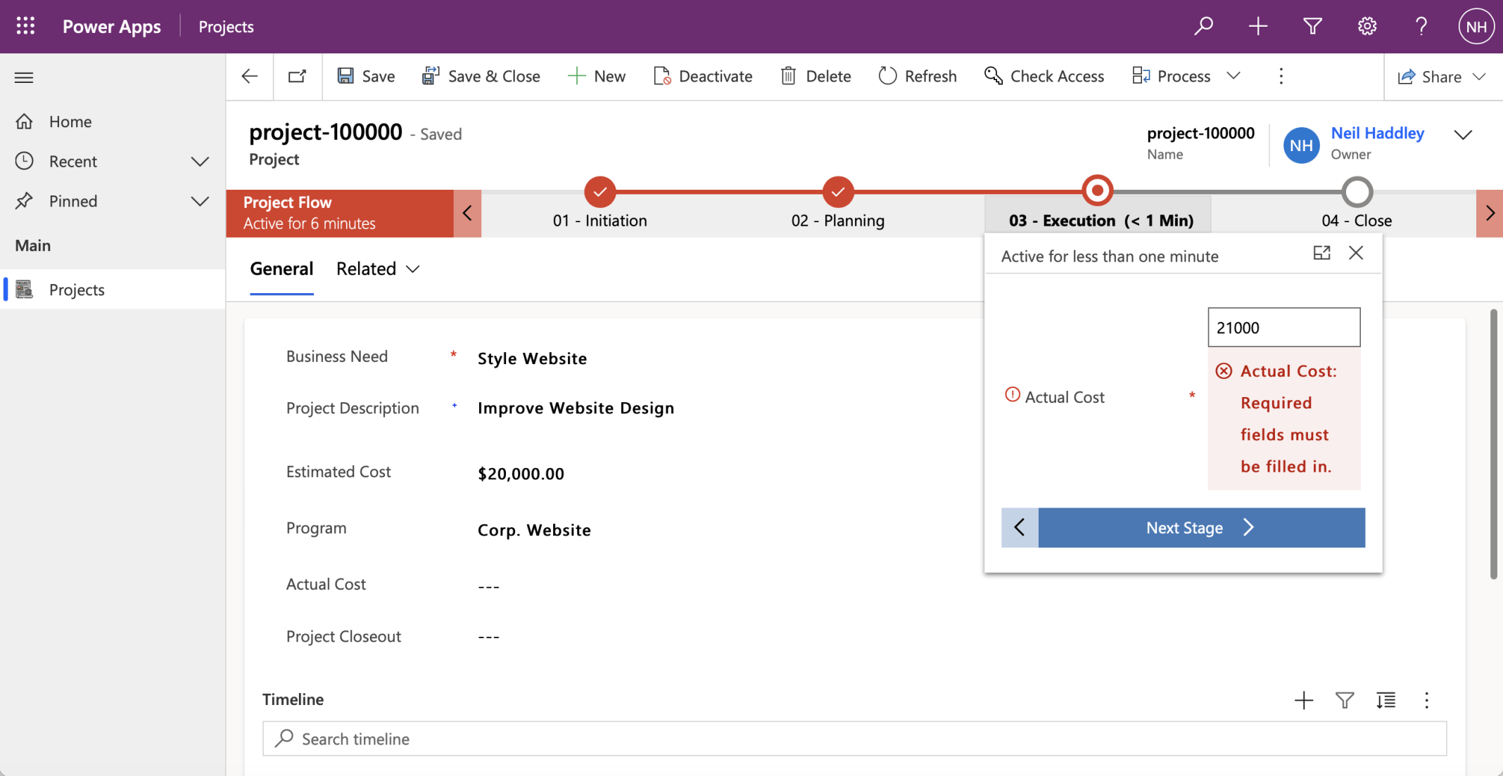 I provided an Actual Cost value (in the business process flow box) and clicked the Next Stage button (again)