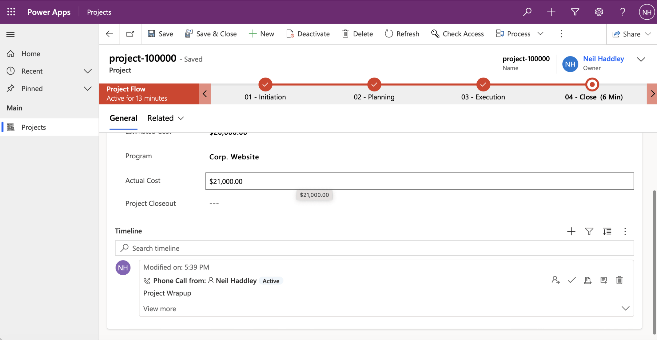 I added a phone call activity to project-100000. The Timeline control displays details of the call.
