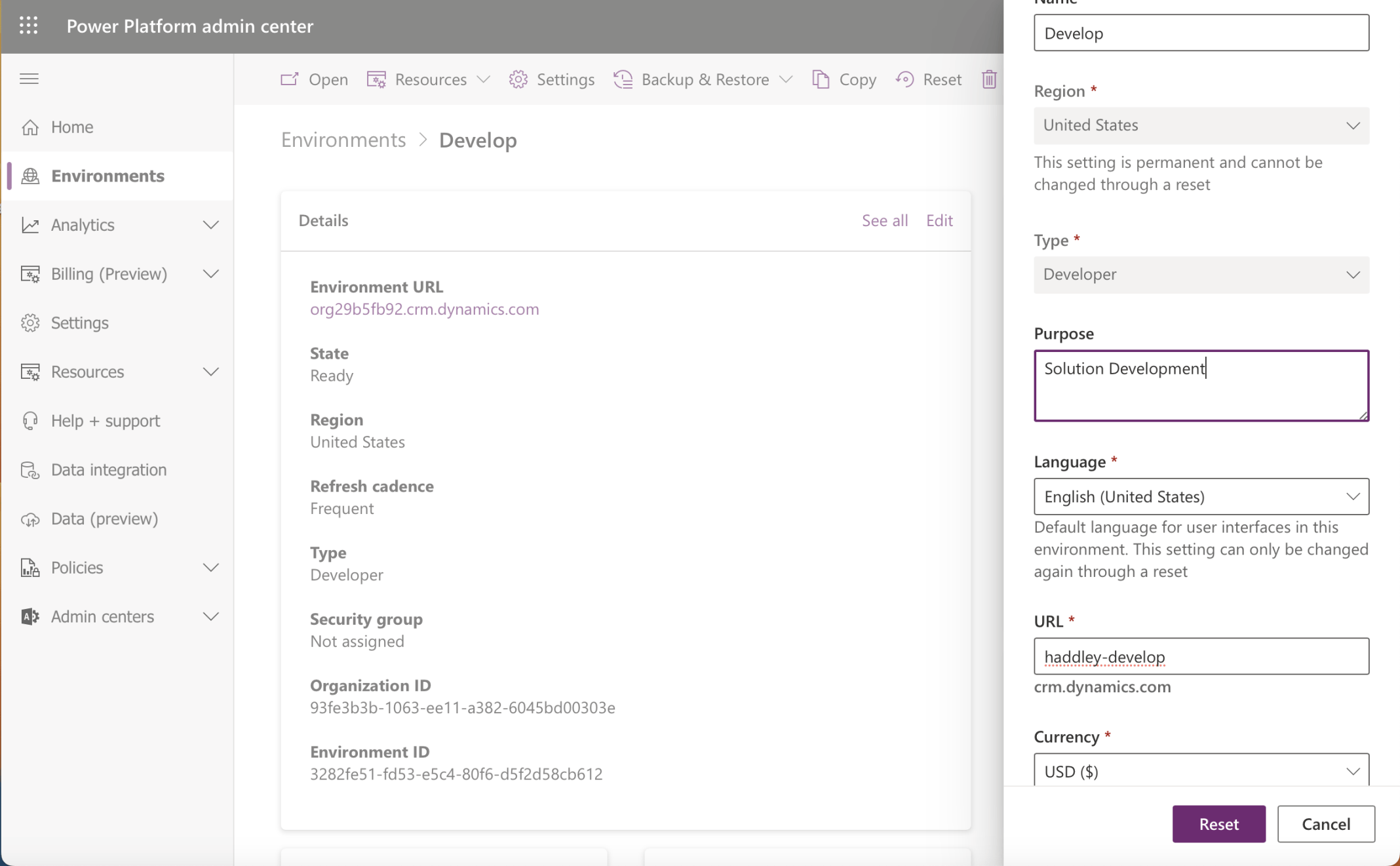 I reset my Developer environment and updated the url to https://haddley-develop.crm.dynamics.com.