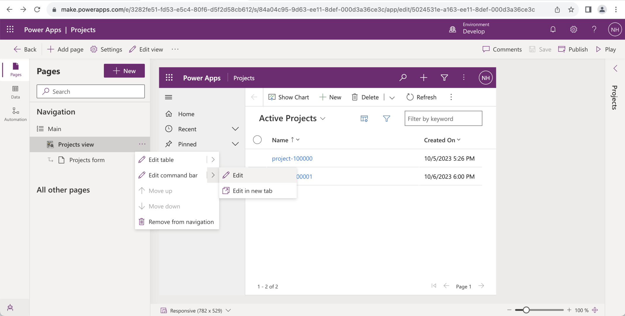 I selected Projects view and selected the "Edit command bar" menu item