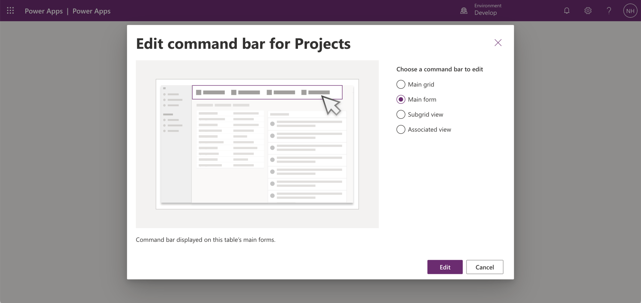I selected the Main form command bar