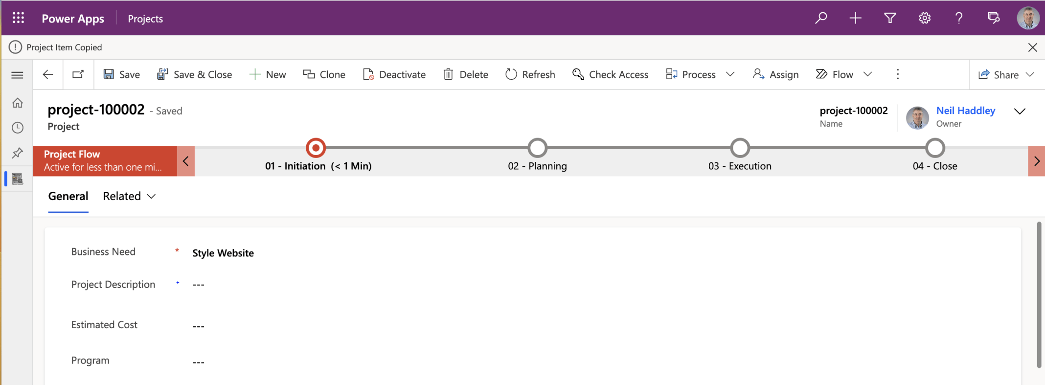 The Power FX formula created a new record (using record defaults and the original record's Business Need value), navigated the user to the new record and displayed a "Project Item Copied" message.