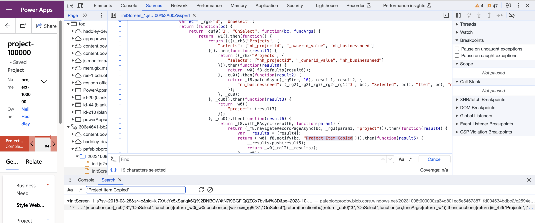 The browser's developer tools shows the JavaScript generated from the Power FX formula
