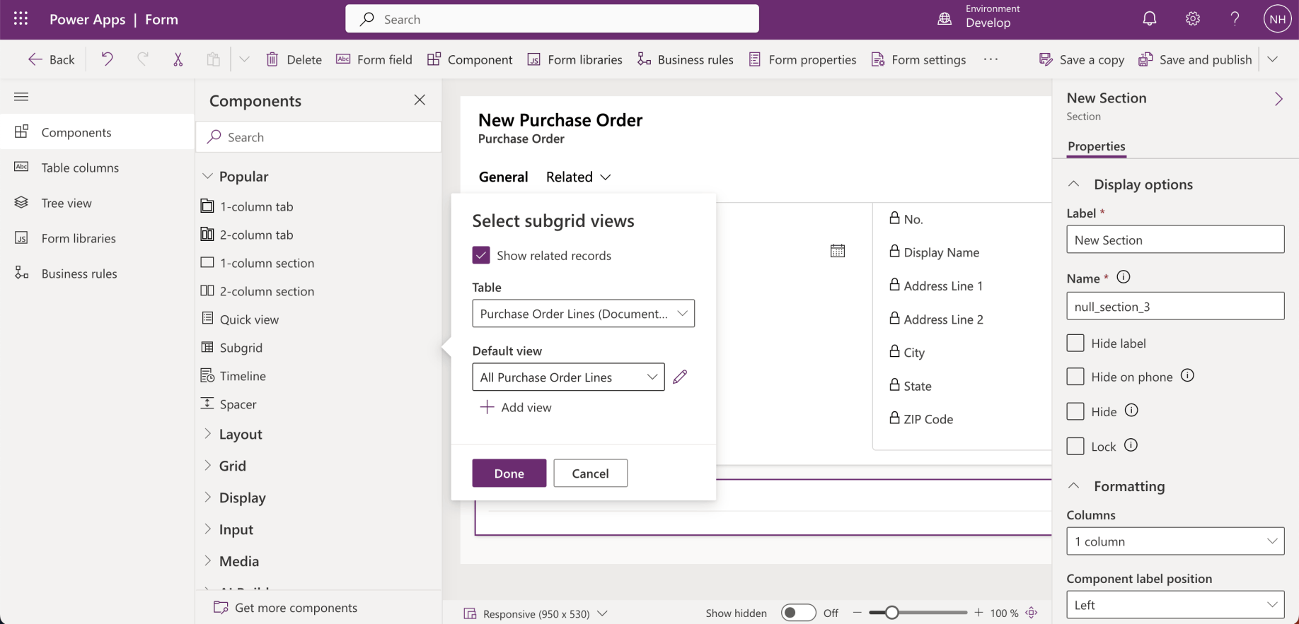 I added a Purchase Order Lines Subgrid to the New Section (with the Show related records checkbox selected).