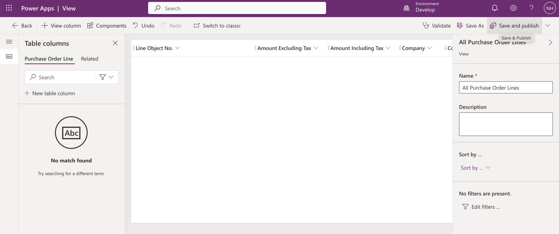 I added all of the other available columns to the view. I clicked the Save & Publish button